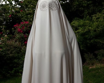 Beige Color Islamic Kashmiri Burqa with Floral Eyes Mesh, Arm Holes, No Cap, Premium Nida Burka Long Jilbab, Hijab Chador Muslim Modesty