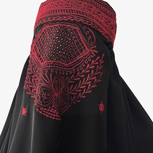 Black Afghan Topi Burqa with Red Embroidery: Nida Fabric Chadri Jilbab Burka Islamic Veil