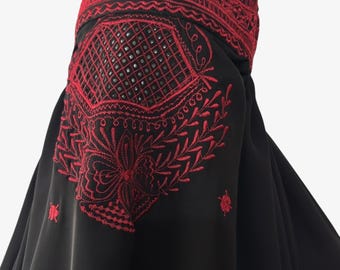 Black Afghan Topi Burqa with Red Embroidery: Nida Fabric Chadri Jilbab Burka Islamic Veil