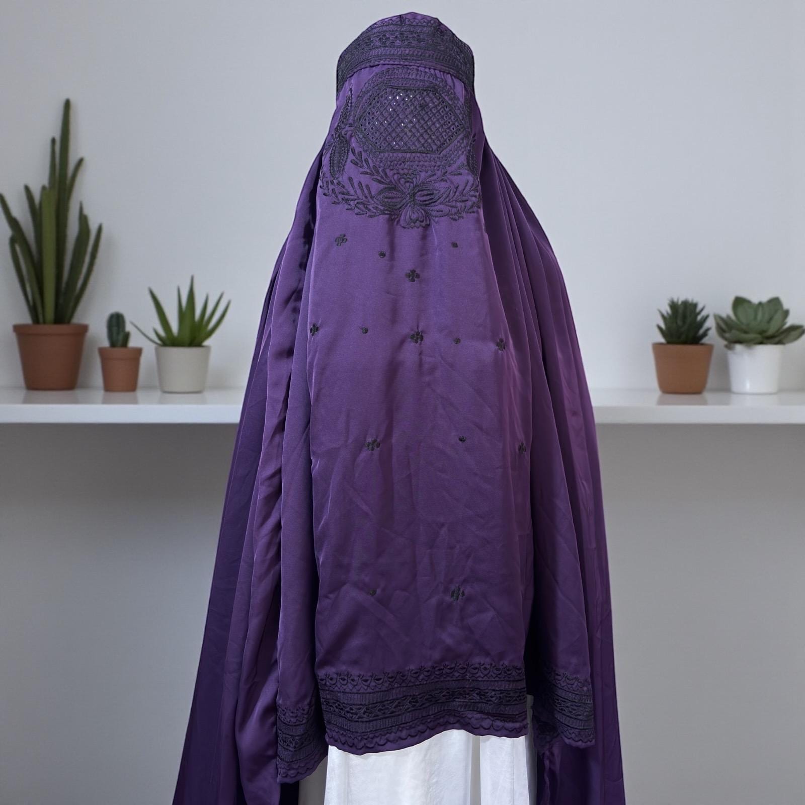 Purple Afghan Topi Burqa with Black Embroidery: Nida Fabric Chadri Jilbab Burka Islamic Veil