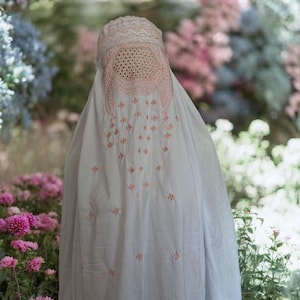 Afghan Topi Burqa, White Breathable Linen Chadri with Pink Embroidery, Cape Abaya, Modest Full-Coverage Veil, Summer Jilbab, Islamic Fashion