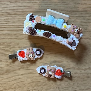 Decoden Hair Accessories Set – Chocolate Teddy Bear Claw Clip + Kawaii Creaseless Clips – Fake Cake Fun Hair Accessories