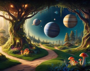 May include: A fantasy landscape with a large, moss-covered tree in the foreground. The tree branches reach up to a sky filled with stars and planets. A winding path leads through the forest, with mushrooms growing along the way.