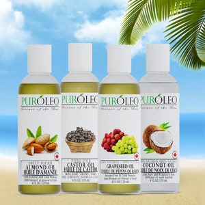 PURÓLEO Carrier Oil Gift set- 4 Pcs Large Pack - Coconut Oil- Almond Oil - Castor Oil - Grapeseed Oil - 100% Natural Moisturizing Oil Combo