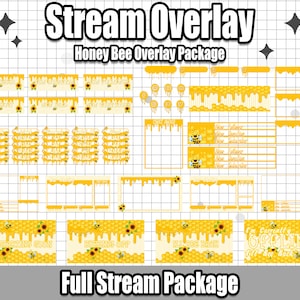 Puede incluir: Un conjunto de superposiciones de transmisión de Twitch con temática de abejas. Las superposiciones son amarillas y blancas con un patrón de panal y presentan abejas y girasoles. Las superposiciones incluyen un premio de chat, un nuevo seguidor, un nuevo suscriptor, una pantalla de regreso y una pantalla fuera de línea.