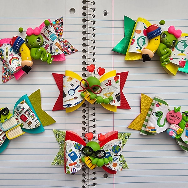 Back to School Bows, Bookworm Bows, Faux Leather Bows, Clay Bows