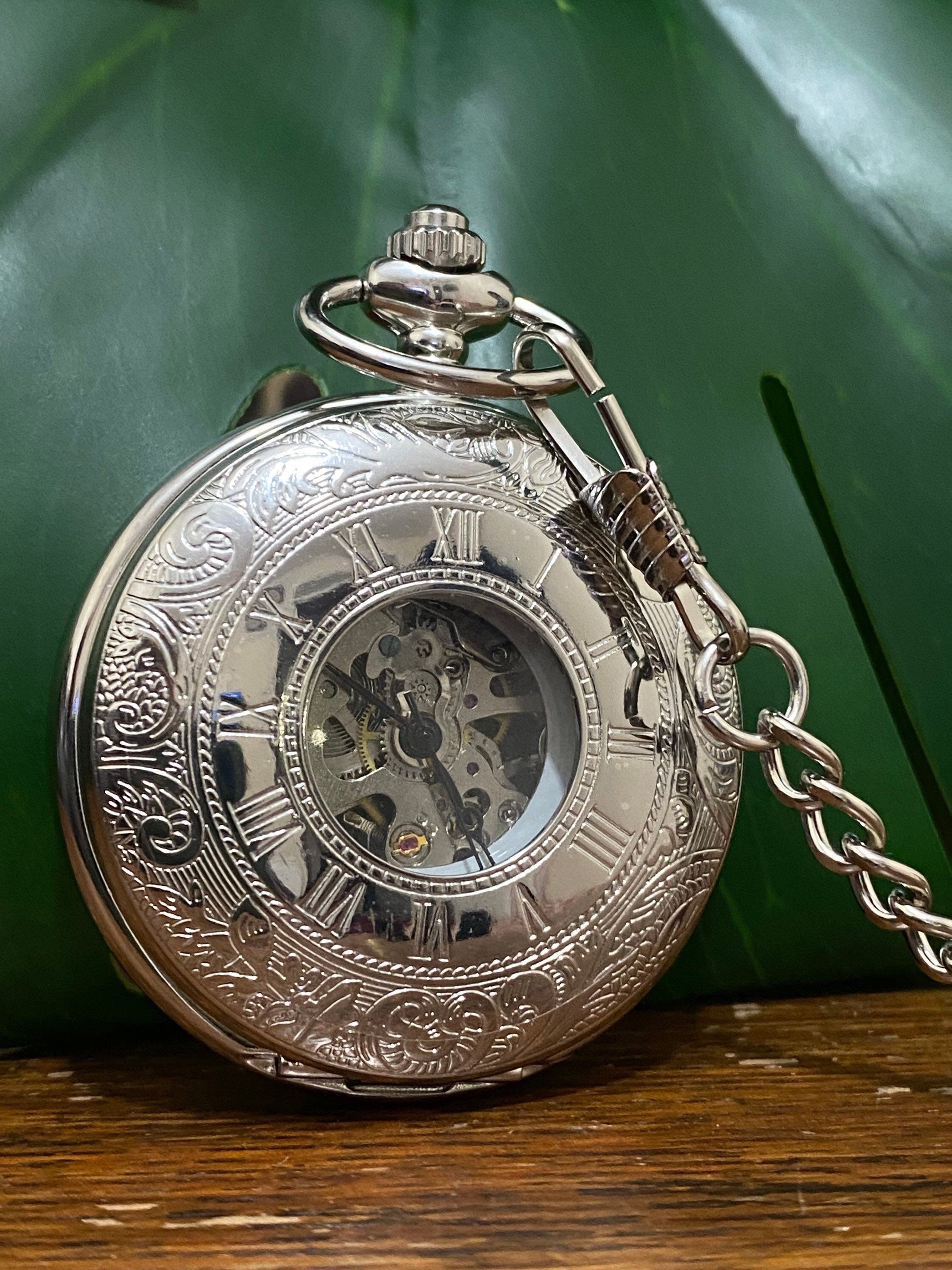 Reloj de bolsillo vintage Reloj de bolsillo de cuarzo con cadena Movimiento  mecánico clásico Pocketwatch Smooth Silver Steel Reloj de hombre Reloj de  bolsillo de cuerda manual Fo