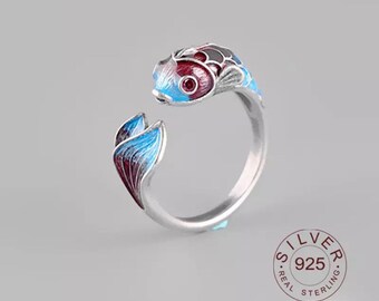 Cloisonne Koi Fish Ring Fine Solid S925 Sterling Silver Open - Etsy