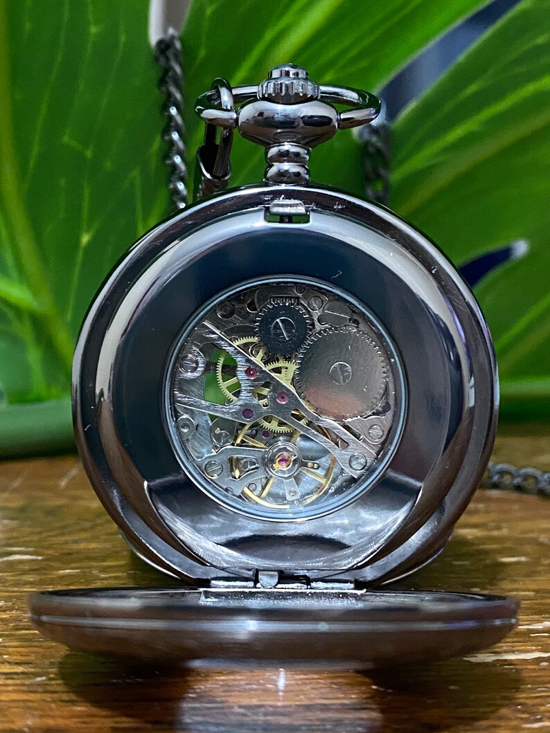 Vintage Mechanical Skeleton Pocket Watch Engraved Royal Black Etsy UK