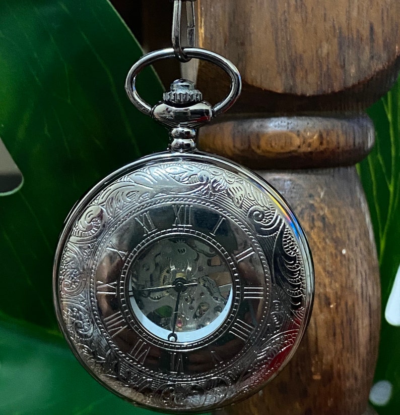 Vintage Mechanical Skeleton Pocket Watch Engraved Royal Black Etsy UK