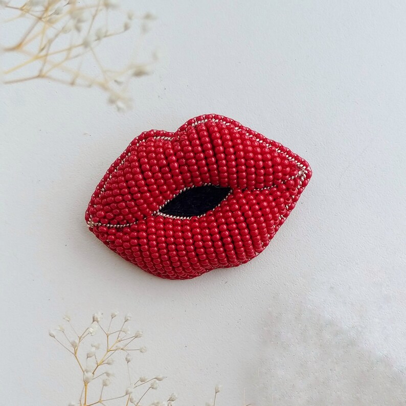 Brooch Lips Red Lips Jewelry Beaded Brooch Embroidered Etsy