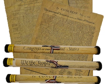 May include: Three rolled-up documents in clear tubes with black caps. The documents are the Declaration of Independence, the Constitution, and the Bill of Rights. Each document is tied with a red, white, and blue ribbon.