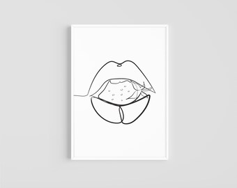 Lips Biting Strawberry | Lips Wall Art | Minimal Line Art | Printable Wall Art | Digital Download