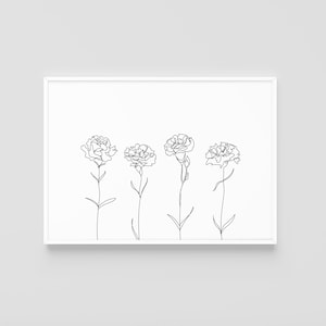 Row of Carnations | 4 Carnations | Carnation Print | Minimal Line Art | Printable Wall Art | Digital Download