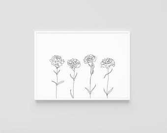 Row of Carnations | 4 Carnations | Carnation Print | Minimal Line Art | Printable Wall Art | Digital Download