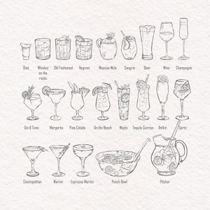 Hand Drawn Cocktail and Drinks Illustrations, SVG PNG, Bar Menu, Cocktail Clipart, Wedding, His and Hers image 2