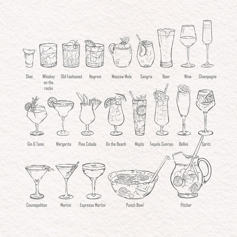 Hand Drawn Cocktail and Drinks Illustrations, SVG PNG, Bar Menu, Cocktail Clipart, Wedding, His and Hers image 2