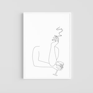 May include: Line art drawing of a person's arm holding a cigarette and a glass of wine. The cigarette is smoking and the wine glass is empty.