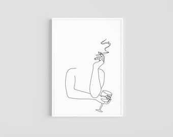Woman Smoking Cigarette | Holding Glass of Wine | Female Body Art | Printable Wall Art | Digital Download | Minimalist Art