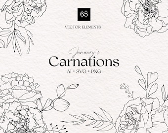 Carnations Flower, January Flower, Flower SVG, PNG, January Birth Month Flower, Digital Illustration, Carnation Clipart, Clip Art, Line, Set