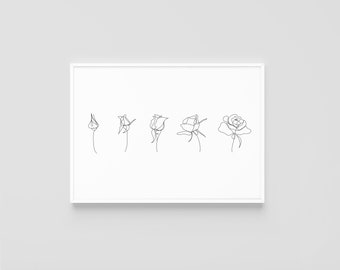 Life of Rose | One Line Drawing | Rose Art | Minimal Line Art | Printable Wall Art | Digital Download | Black and White