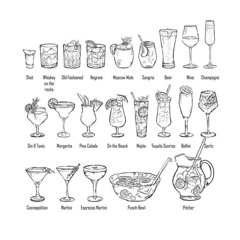 Hand Drawn Cocktail and Drinks Illustrations, SVG PNG, Bar Menu, Cocktail Clipart, Wedding, His and Hers image 4