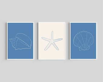 Sea Shell Art | Set of 3 | Beach Decor | Minimal Line Art | Printable Wall Art | Digital Download | Blue and Beige