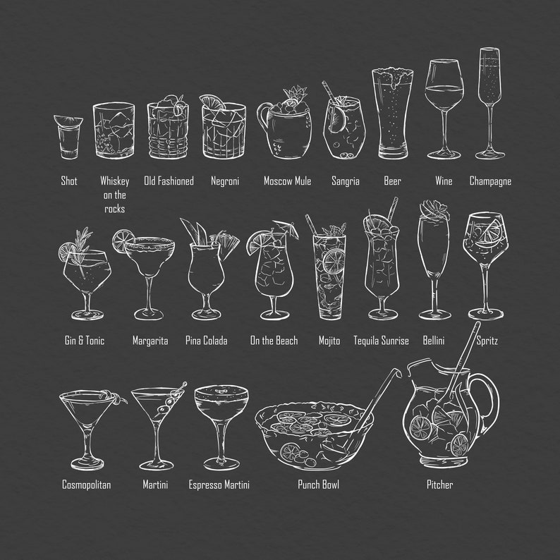 Hand Drawn Cocktail and Drinks Illustrations, SVG PNG, Bar Menu, Cocktail Clipart, Wedding, His and Hers image 3