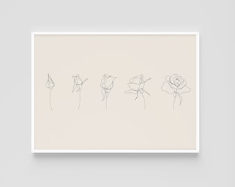 Life of Rose | One Line Drawing | Rose Art | Minimal Line Art | Printable Wall Art | Digital Download | Beige