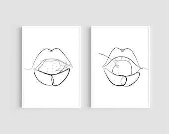 Lips Wall Art | Set of 2 | Lips Biting Cherry | Lips Eating Strawberry | Minimal Line Art | Printable Wall Art | Digital Download
