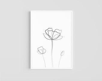 Poppy Poppies One Line Drawing DIGITAL DOWNLOAD Print Printable Flower Art Home Decor Wall Art Simple Abstract Minimalistic Illustration