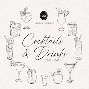 Hand getrokken cocktail en drankjes illustraties, SVG PNG, barmenu, cocktail clipart, bruiloft, hem en haar