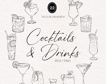 Hand Drawn Cocktail and Drinks Illustrations, SVG PNG, Bar Menu, Cocktail Clipart, Wedding, His and Hers