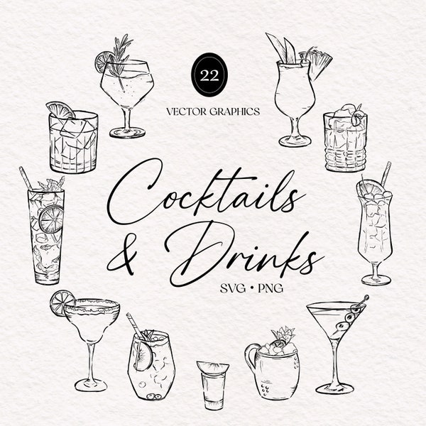 Hand getrokken cocktail en drankjes illustraties, SVG PNG, barmenu, cocktail clipart, bruiloft, hem en haar