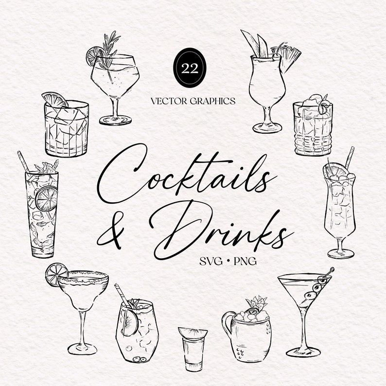 Hand Drawn Cocktail and Drinks Illustrations, SVG PNG, Bar Menu, Cocktail Clipart, Wedding, His and Hers image 1