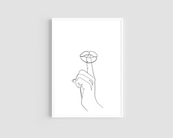 Hush Lips | Finger on Mouth | Printable Wall Art | Minimal Line Art | Digital Download