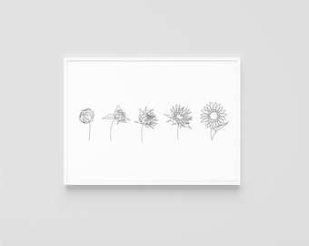 Life of a Sunflower Line Drawing DIGITAL DOWNLOAD Print Flower Artwork Home Decor Wall Simple Abstract Minimalistic Art Floral Botanical