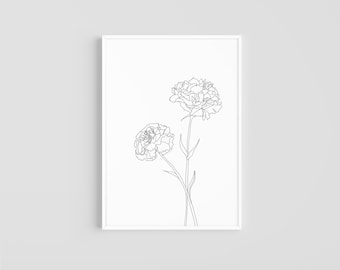 Carnations Line Drawing DIGITAL DOWNLOAD Clavel Print Flower Floral Illustration Home Deco Wall Art Simple Abstract Minimal Botanical Gift