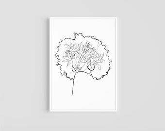 Flower Girl Crown | Female Line Art | African Woman Art | Minimal Line Art | Printable Wall Art | Digital Download