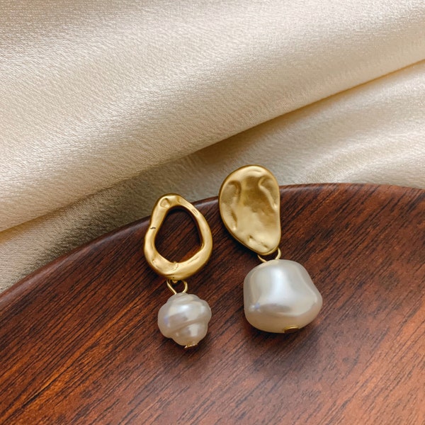 Asymmetric Baroque Pearl Drop Stud Earrings, Bridesmaids/Bridal Jewelry, Great Gift Idea