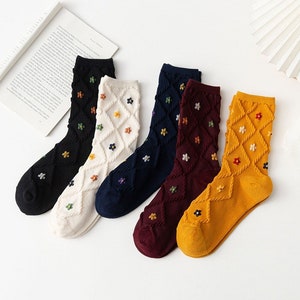 Floral Novelty School Girl Crew Socks, Casual Cute Cotton Socks, Great Gifts Idea
