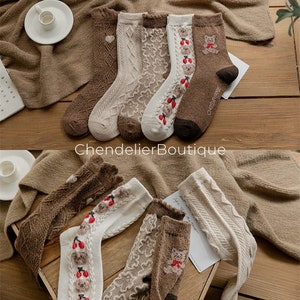 Brown Christmas Wool Crew Socks, Cute Warm Bear Cotton Socks, Great Gifts Idea