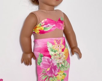 18 inch American girl mermaid two-piece beachwear with Swarovski stoned shades of rose pink and yellow on a tropical floral print from Maui