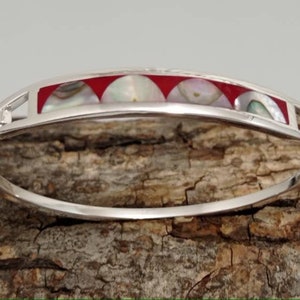 Silver Plated Abalone Bracelet, Red Enamel, Mexican Jewelry