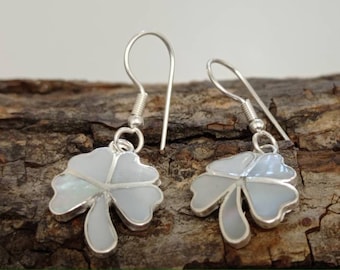 Handcrafted Silver Plated Floral Mother of Pearl Earrings from Mexico
