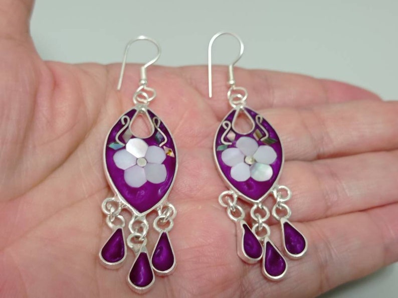 Mother of Pearl earrings Bohochic jewelry, Silver plated earrings Hook earrings Mexican abalone earrings geometric Earrings