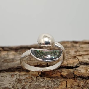 Abalone wassende maan Mexicaanse ring, verzilverde hemelring, iriserende ring, planeetring, kosmische ring, vollemaanringen