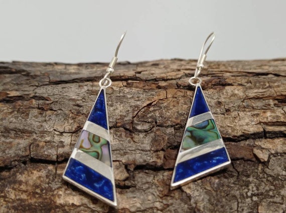 Art Deco Abalone Inlay Dark Blue Resin Triangle Earrings