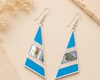 Art Deco Abalone Inlay Triangle Earrings, Silver Plated, Mexican Jewelry