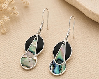 Handcrafted Mexican Silver Earrings with Abalone Shell & Resin Accents - Art Deco Geometric Design